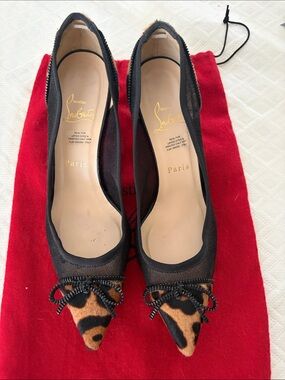 Christian Louboutin Black Mesh Flats with Leopard-Print Pointed Toe